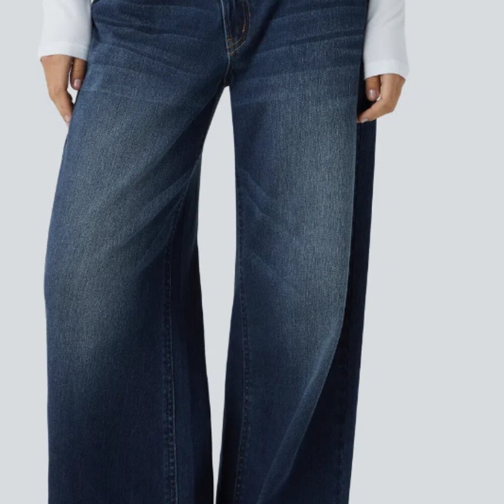 Halara Flex Asymmetric Low Rise Zipper Pockets Baggy Wide Leg Washed Jeans